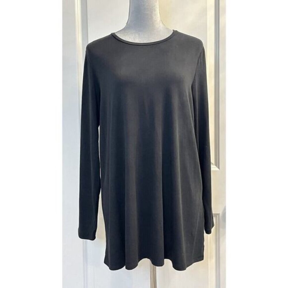 Eileen Fisher Tencel Blend Crew Neck Tunic Top Black Womens Medium Minimalist